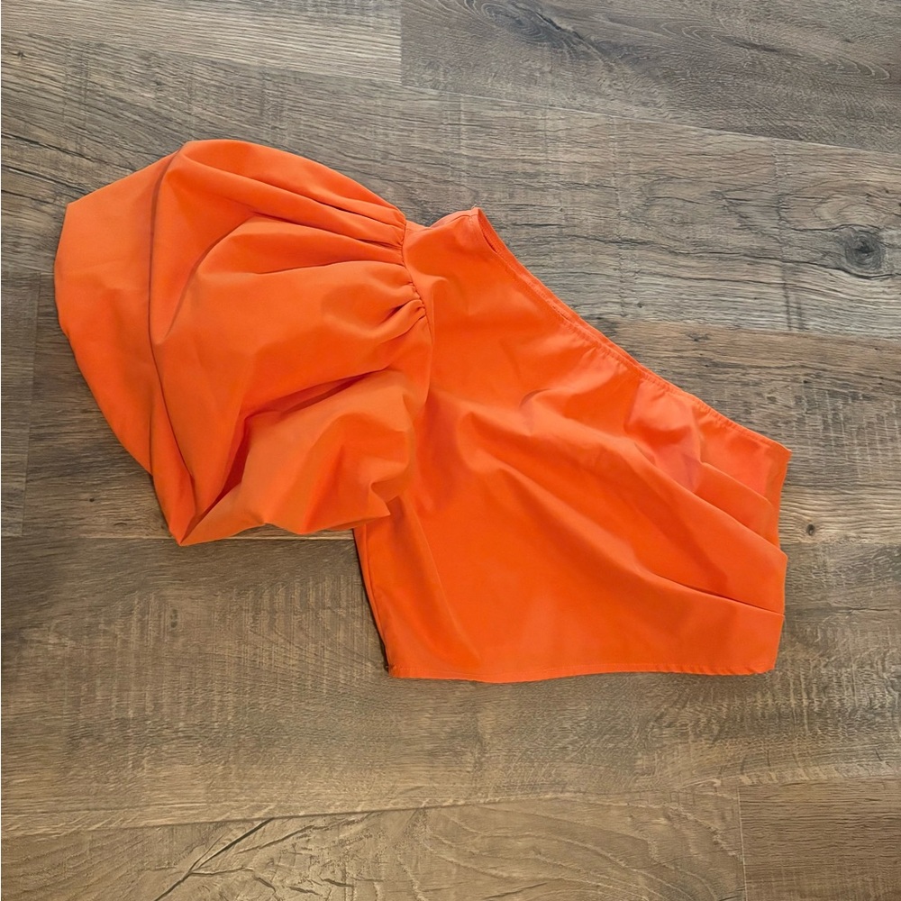SHEIN Bright Orange one-shoulder, poofy, short-sleeve party shirt size medium.